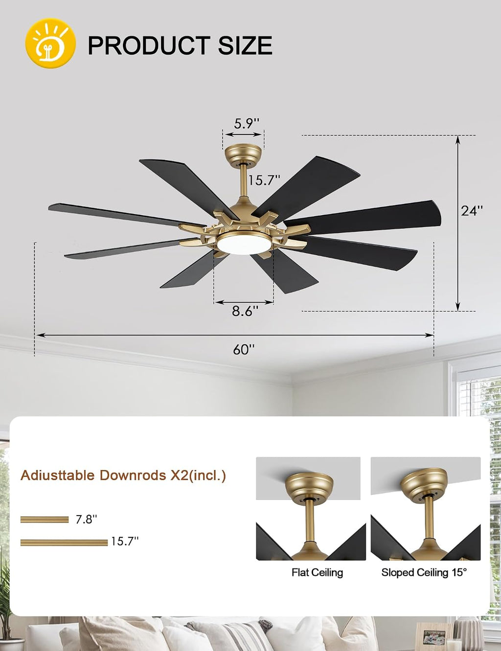 Dawn Whisper 60 Inch Black and Gold Ceiling Fans with Lights and Remote 6 Speed Reversible DC Motor Modern LED Ceiling Fans for Bedroom Living Room