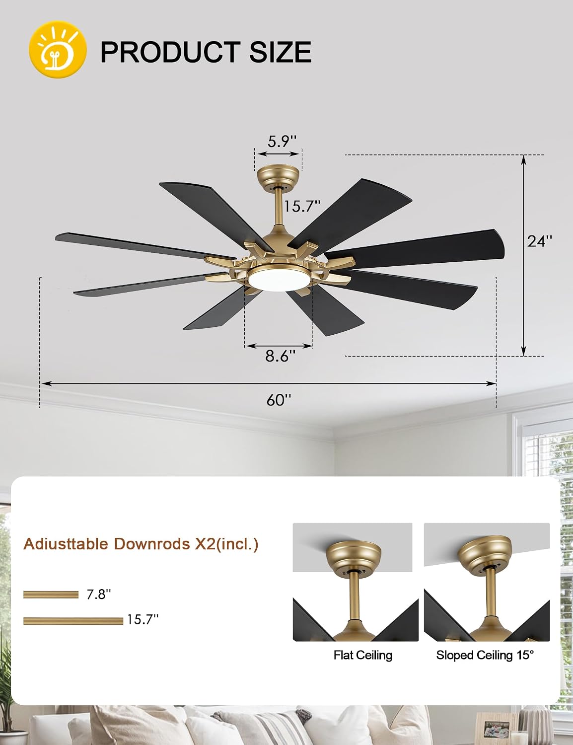 Dawn Whisper 60 Inch Black and Gold Ceiling Fans with Lights and Remote 6 Speed Reversible DC Motor Modern LED Ceiling Fans for Bedroom Living Room