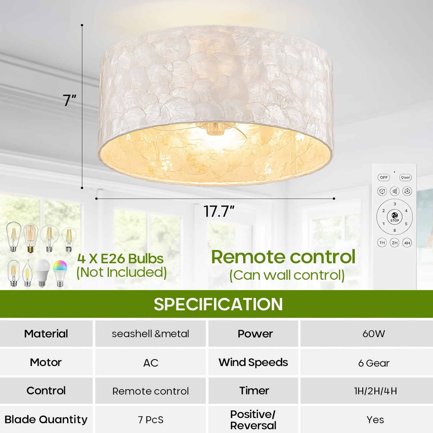 Boho Coastal Ceiling Fan with Lights and Remote, Enclosed Caged Design with Shell Lampshade — Fandelier for Bedroom, Nursery, Foyer, Kitchen (6 Speeds)