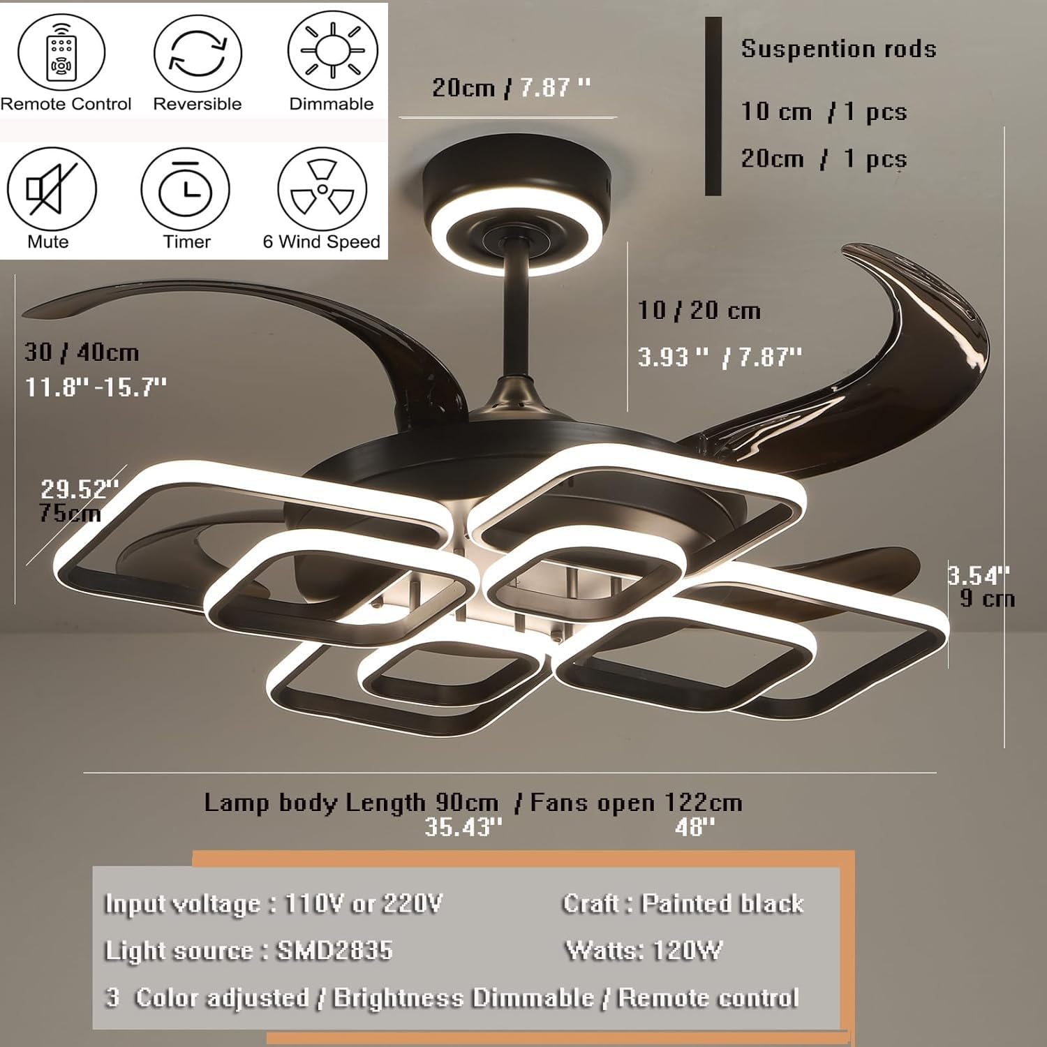 48' Ceiling Fans with Lights and Remote Control 3000-6000K Dimmable Morden LED Fans Light, 6 Wind Speeds, Black Chandelier Ceiling Fans for Bedroom Living Room