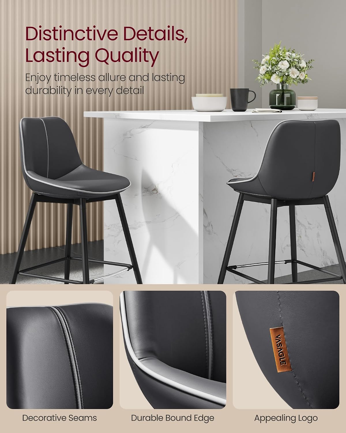VASAGLE Bar Stools Set of 2, Counter Height Bar Stools with Back, Ergonomic Backrest, Synthetic Leather, Metal Legs, 24.8-Inch Tall Barstools for Kitchen Island Home Bar, Easy Assembly, Ink Black