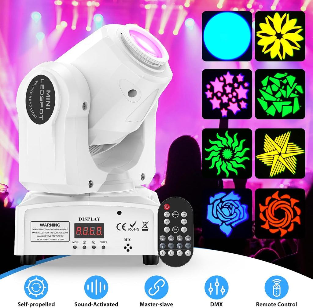 2 Pack 60W Moving Head Lights,White LED RGBW Stage DJ Light with Remote 8 Gobos 8 Colors Spotlight by DMX 512 Controlled 9/11 Channel for Church KTV Club Concert Party Wedding