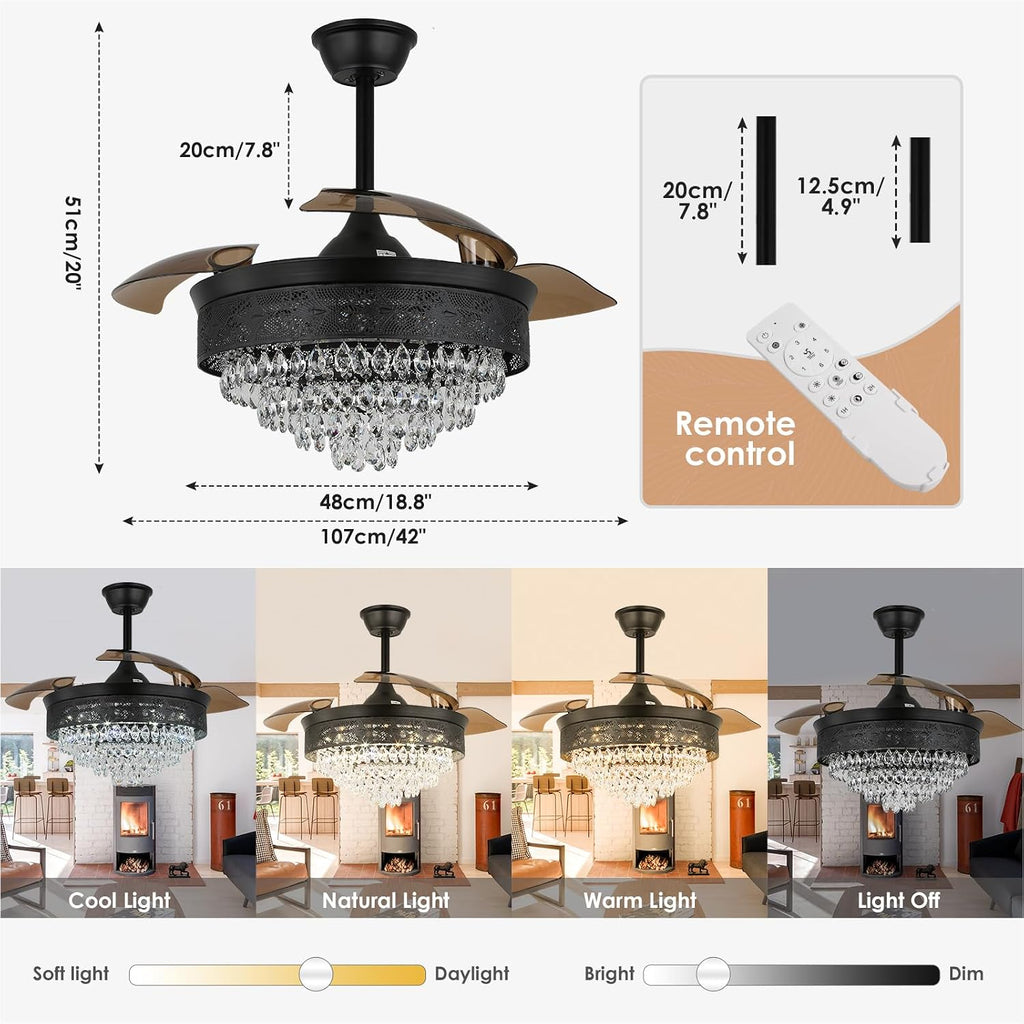 42' Black Crystal Fandelier Dimmable LED Ceiling Fan with Lights Retractable Blades 3 Color with Memory Quiet Reversible 6 Speeds Timer for Bedroom Living Room Dining Room