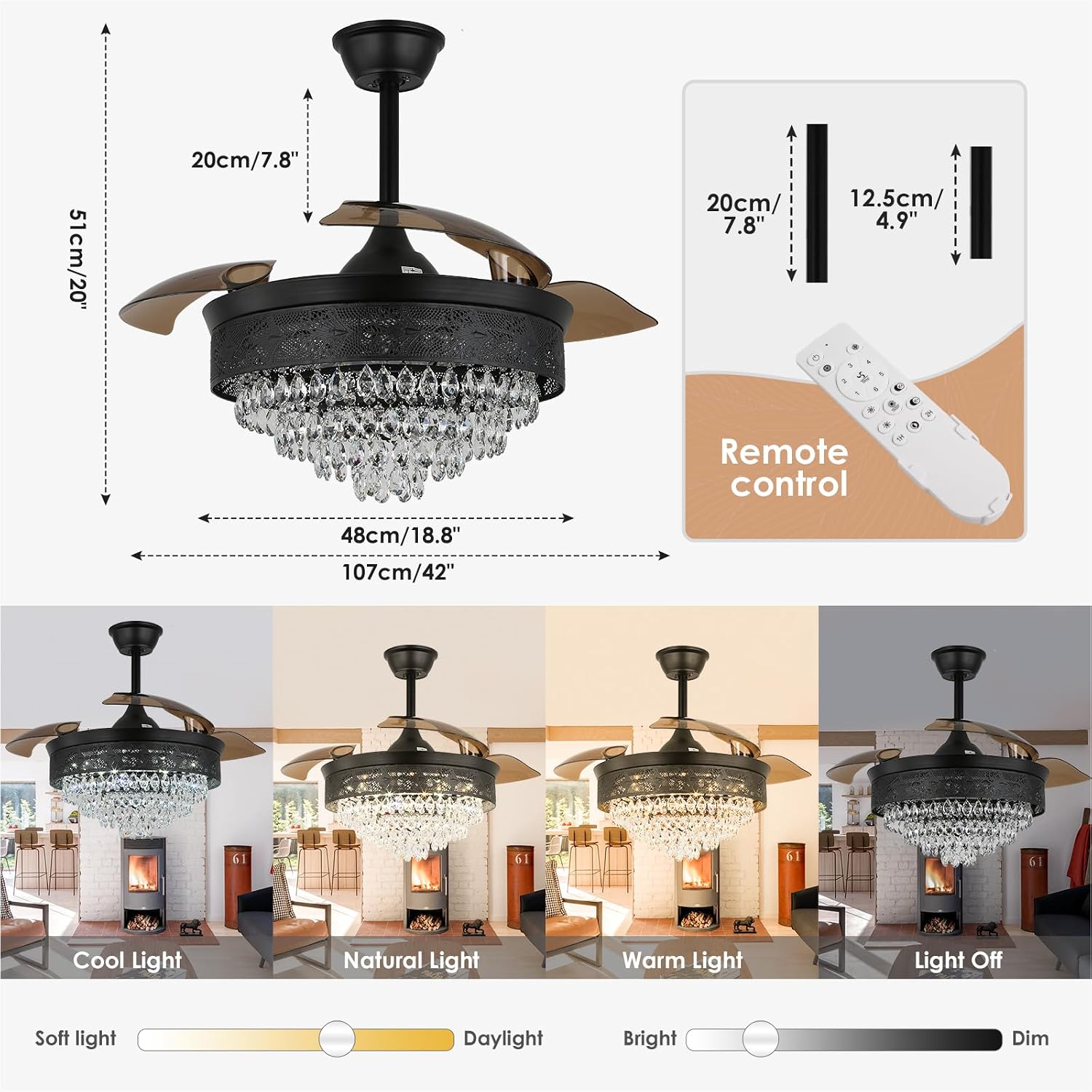 42' Black Crystal Fandelier Dimmable LED Ceiling Fan with Lights Retractable Blades 3 Color with Memory Quiet Reversible 6 Speeds Timer for Bedroom Living Room Dining Room