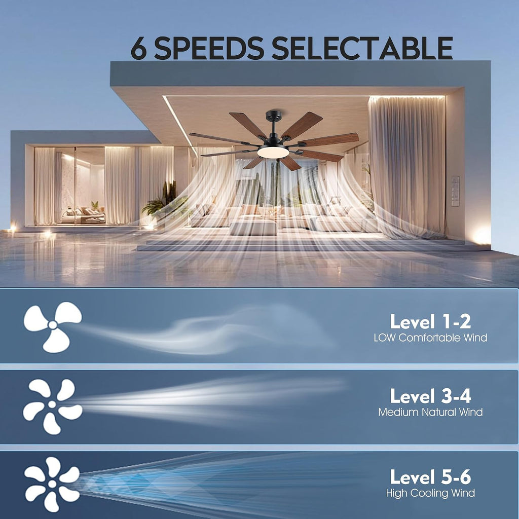 JSAITEE 60In Ceiling Fans with Lights - Brown Low Profile Fan Light with 8 Blades, 6 Wind Speeds Reversible, Dimmable, Modern Light Fixture for Indoor Living Room, Kitchen, Coverd Patios