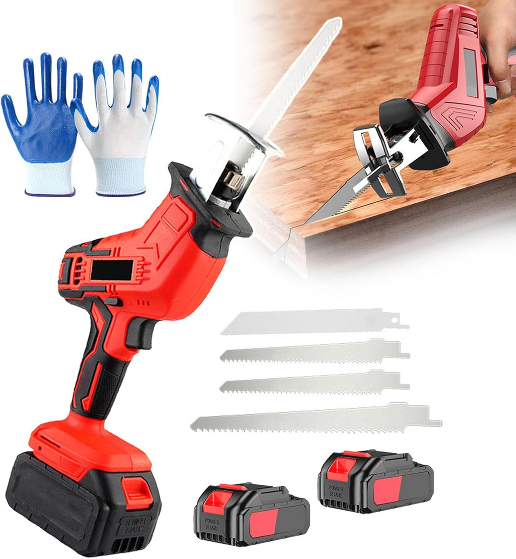 Cordless Reciprocating Saw, Electric Garden Saws with 2 Batteries & 4 Saw Blades, Power Wood Cutting Saws, for Wood/Metal/Plastic Cutting, 12 Pairs of Gloves