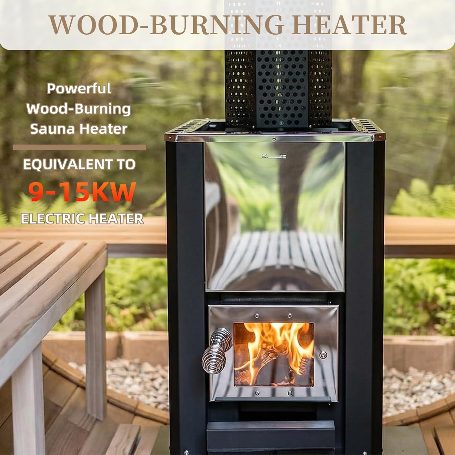ZONEMEL Wooden Steam Sauna Room with Panoramic View, Canadian Red Cedar Traditional Outdoor Barrel Wood Burning Sauna with Porch, Wood-Fired Stove with Chimney Kit, Wood Shingles, 6-8 Person