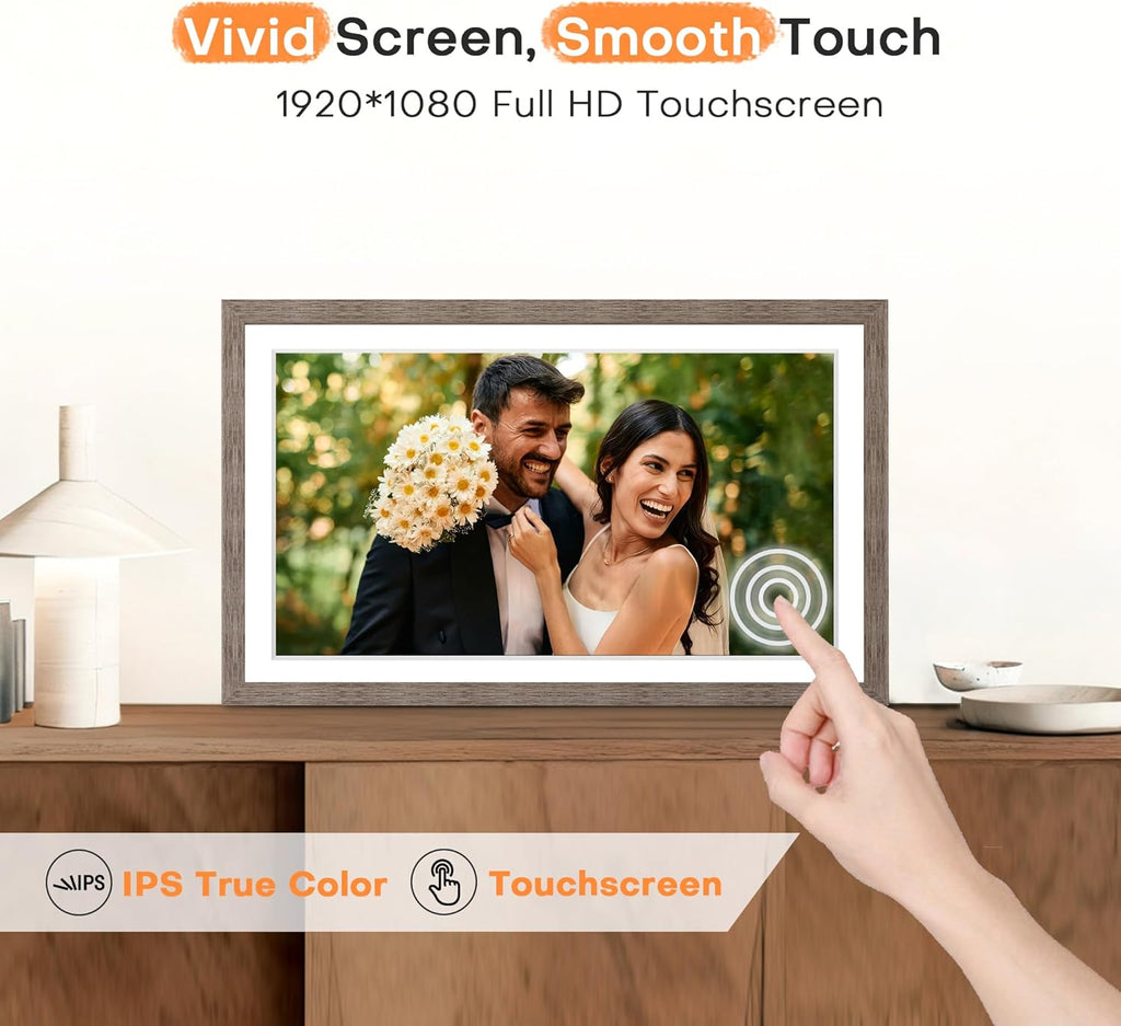 Digital Picture Frame 15.6 Inch, Large WIFI Digital Photo Frame Frameo,Electric Slideshow Frame, 1920 * 1080 IPS FHD Touchscreen, 32GB, Tabletop&Wall-Mounted, Share Video Picture, Wedding Gift, Greige