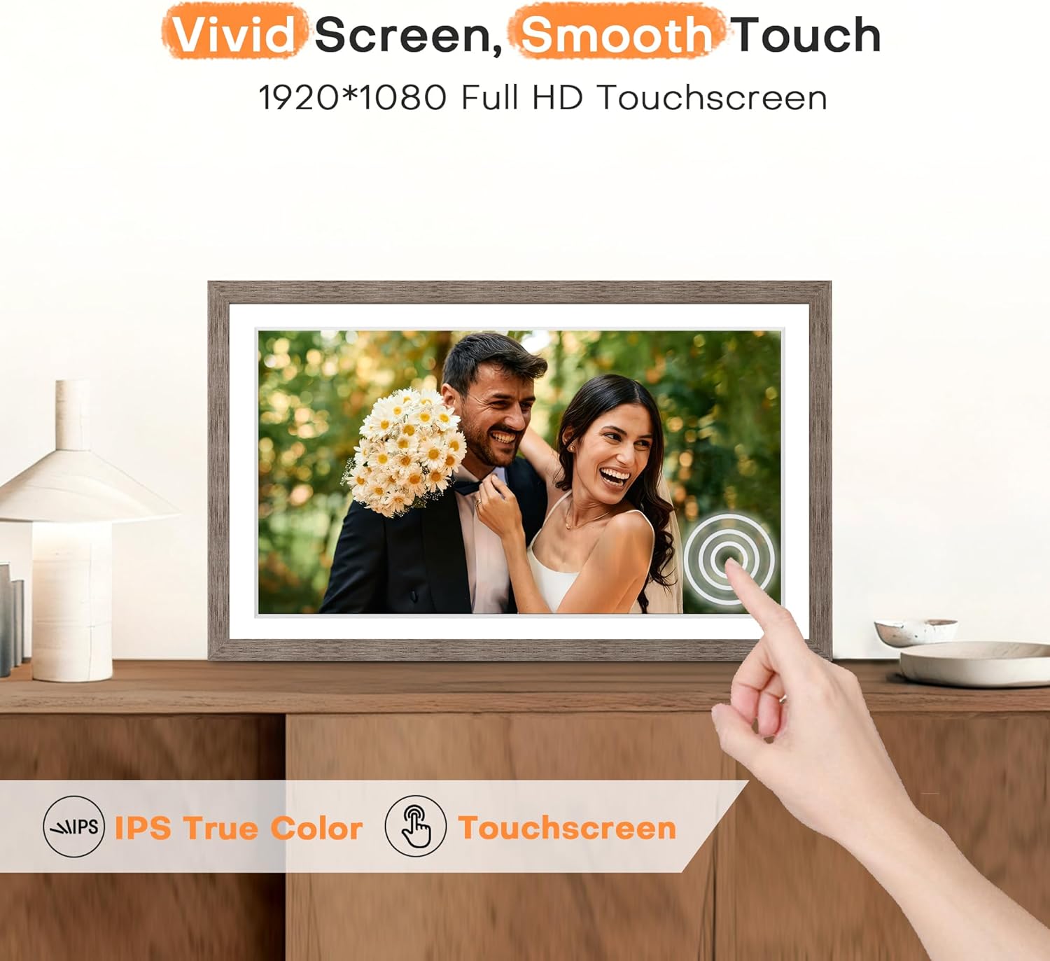 Digital Picture Frame 15.6 Inch, Large WIFI Digital Photo Frame Frameo,Electric Slideshow Frame, 1920 * 1080 IPS FHD Touchscreen, 32GB, Tabletop&Wall-Mounted, Share Video Picture, Wedding Gift, Greige