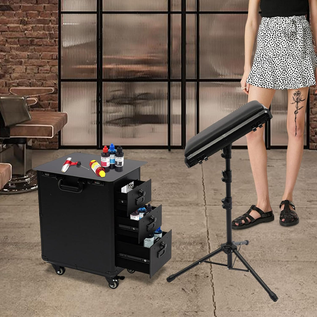 Rolling Makeup Case, Tattoo Trolley Case with Tattoo Armrest Stand & 3 Drawers & Code Lock Portable Travel Case with 4 Universal Wheels Adjustable Tattoo Workstation Tattoo Station Suitcase