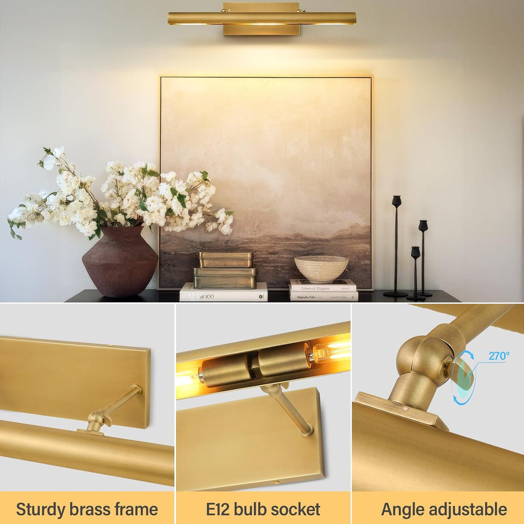 Art Picture Frame Wall Light: 24' Glod Dimmable Vintage Artwork Brass Painting Spotlight - Hardwired Swing Arm Rotatable 3 Lights over Picture - Linear Accent Lighting above Photo for Gallery Bookcase