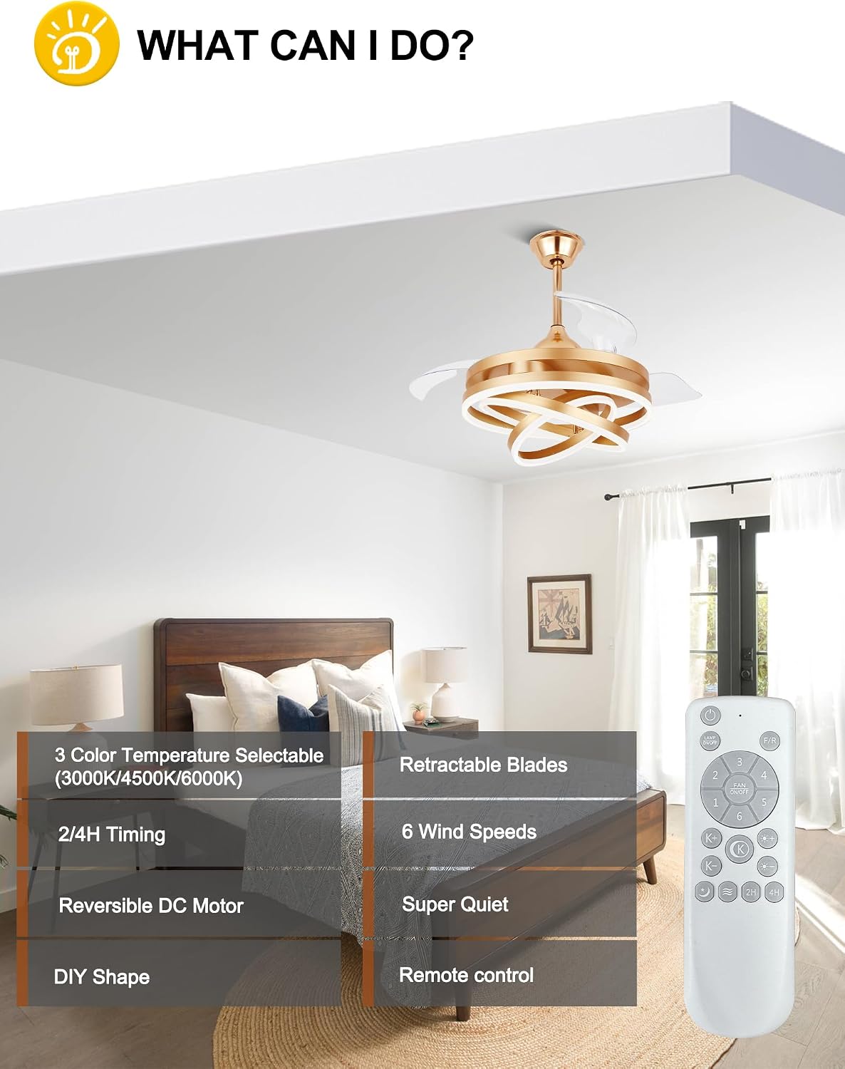 Dawn Whisper 42 Inch Retractable Ceiling Fans Modern Gold Chandelier Ceiling Fans with Lights for Bedroom Living Room Quite DC Motor 6 Speeds 3 Color Dimmable LED Light