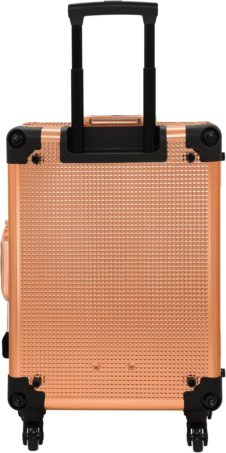 Aluminum Trolley Makeup Train Case with LED Lights Professional Cosmetic Organizer Studio with Speaker, Wheels and Stands Rolling Lighted Makeup Vanity Station for Travel (Rose Gold)