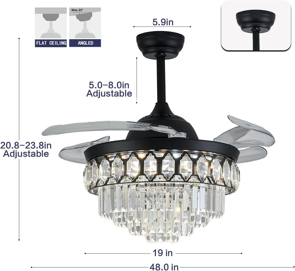 48' Dimmable Black Fandelier Ceiling Fans with Lights and Remote Modern Retractable Blade Crystal Chandelier Ceiling Fan with Light for Bedroom Dinning Room Living Room