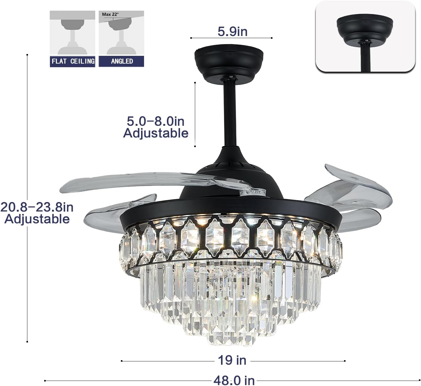 48' Dimmable Black Fandelier Ceiling Fans with Lights and Remote Modern Retractable Blade Crystal Chandelier Ceiling Fan with Light for Bedroom Dinning Room Living Room
