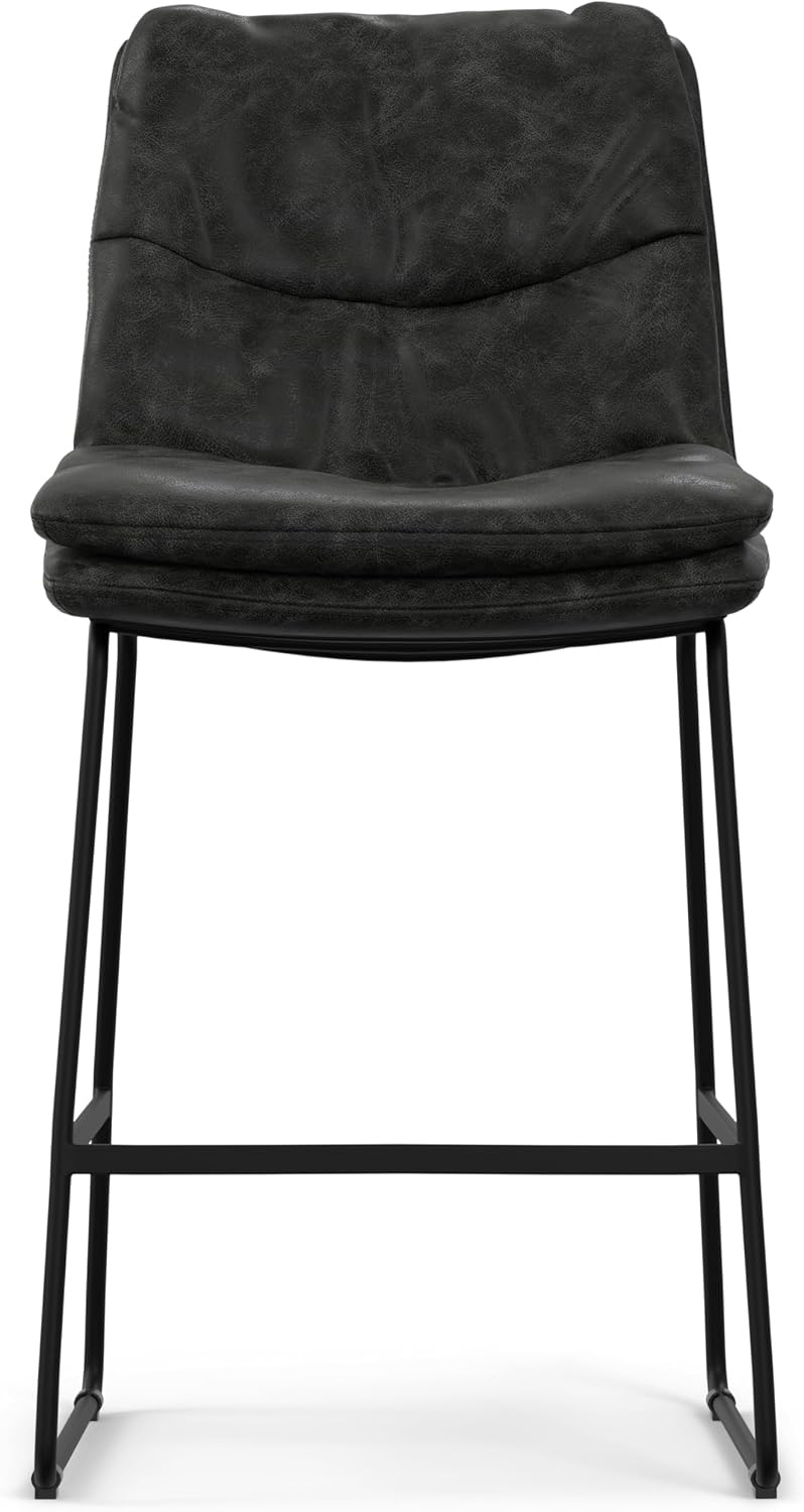 SIMPLIHOME Danika Counter Stools (Set of 2) - 24 Inch Seat Height Upholstered Metal Kitchen Seats in Distressed Charcoal Grey Vegan Faux Leather, Mid Century Seating with Tufted Design and Footrest