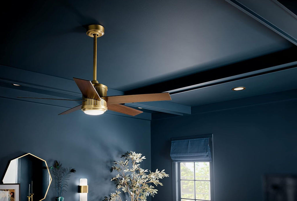 Kichler Brahm 48 in Indoor Ceiling Fan with LED Light, 3-Speed AC Motor with Reversible Blades and Handheld Remote in Natural Brass, for Living Room, Dining Room, Kitchen and Bedroom, 300048NBR