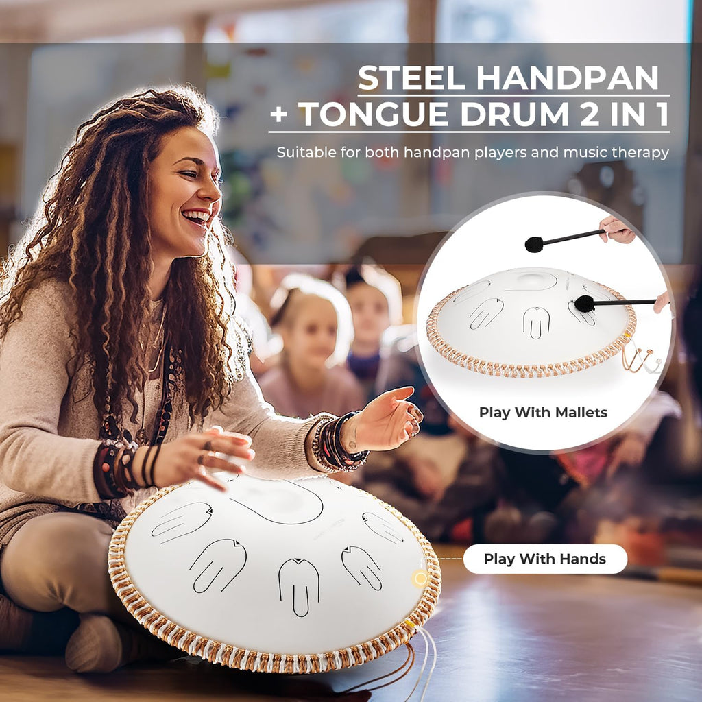 MOOZICA Steel Handpan Tongue Drum, 14 Inches 17 Notes in C Minor with Octave Overtone Design, Handpan Drum Percussion Instrument With Carry Bag (Amara, White)