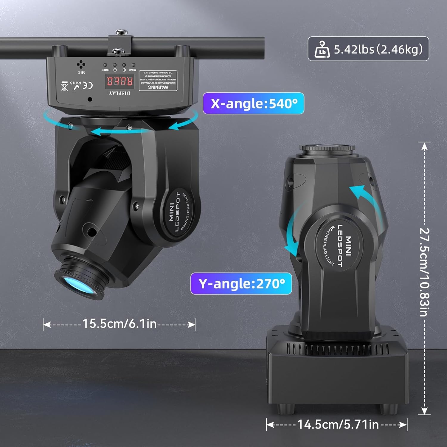 2PCS 60W LED Moving Head Light Stage Lights with Remote Control 8 GOBO 8 Colors Spotlight by DMX Controlled 11 Channel with Sound Activated for Disco Club Party Stage Lighting Shows