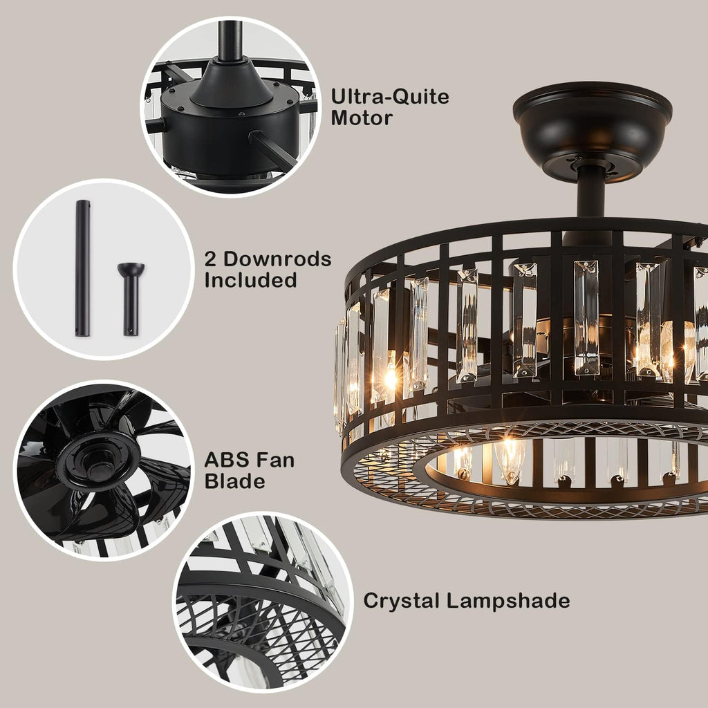 18' Black Crystal Caged Ceiling Fan with Light and Remote, Industrial Caged Chandelier Fan 8-Blade Fandelier Modern Enclosed Ceiling Fan for Kitchen Dining Room Living Room