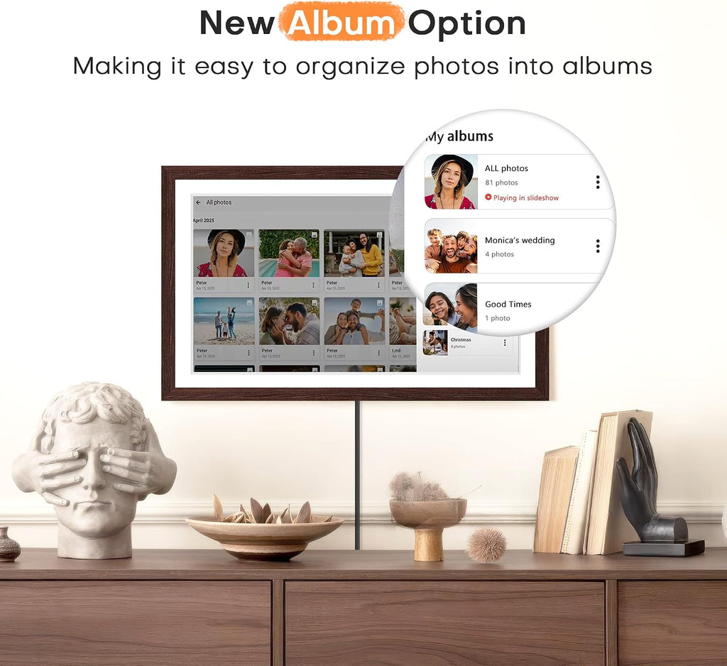 Digital Picture Frame Frameo, Large 15.6 Inch Digital Photo Frame, WiFi Electric Frame, 1920 * 1080 IPS FHD Touchscreen, 32GB, Tabletop&Wall-Mounted, Share Video Picture, Gifts for Mom, Black Walnut