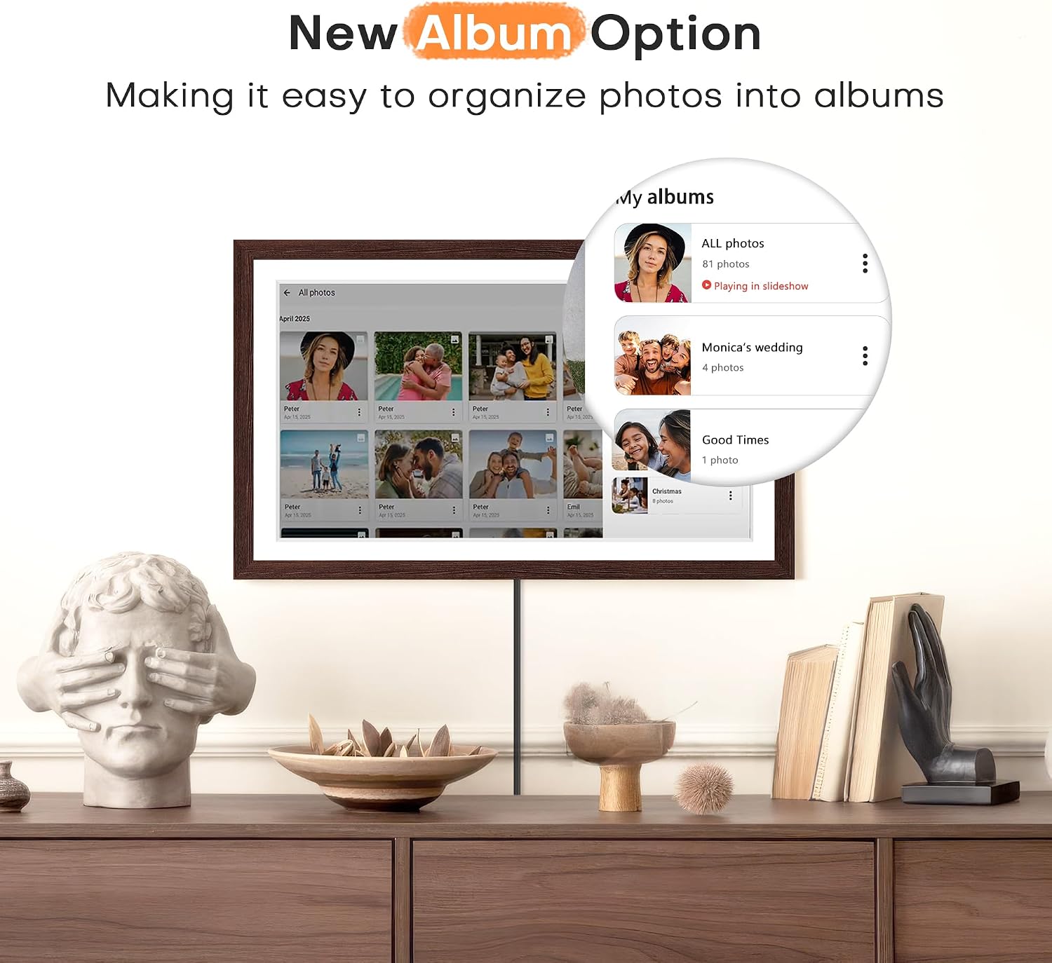 Digital Picture Frame Frameo, Large 15.6 Inch Digital Photo Frame, WiFi Electric Frame, 1920 * 1080 IPS FHD Touchscreen, 32GB, Tabletop&Wall-Mounted, Share Video Picture, Gifts for Mom, Black Walnut