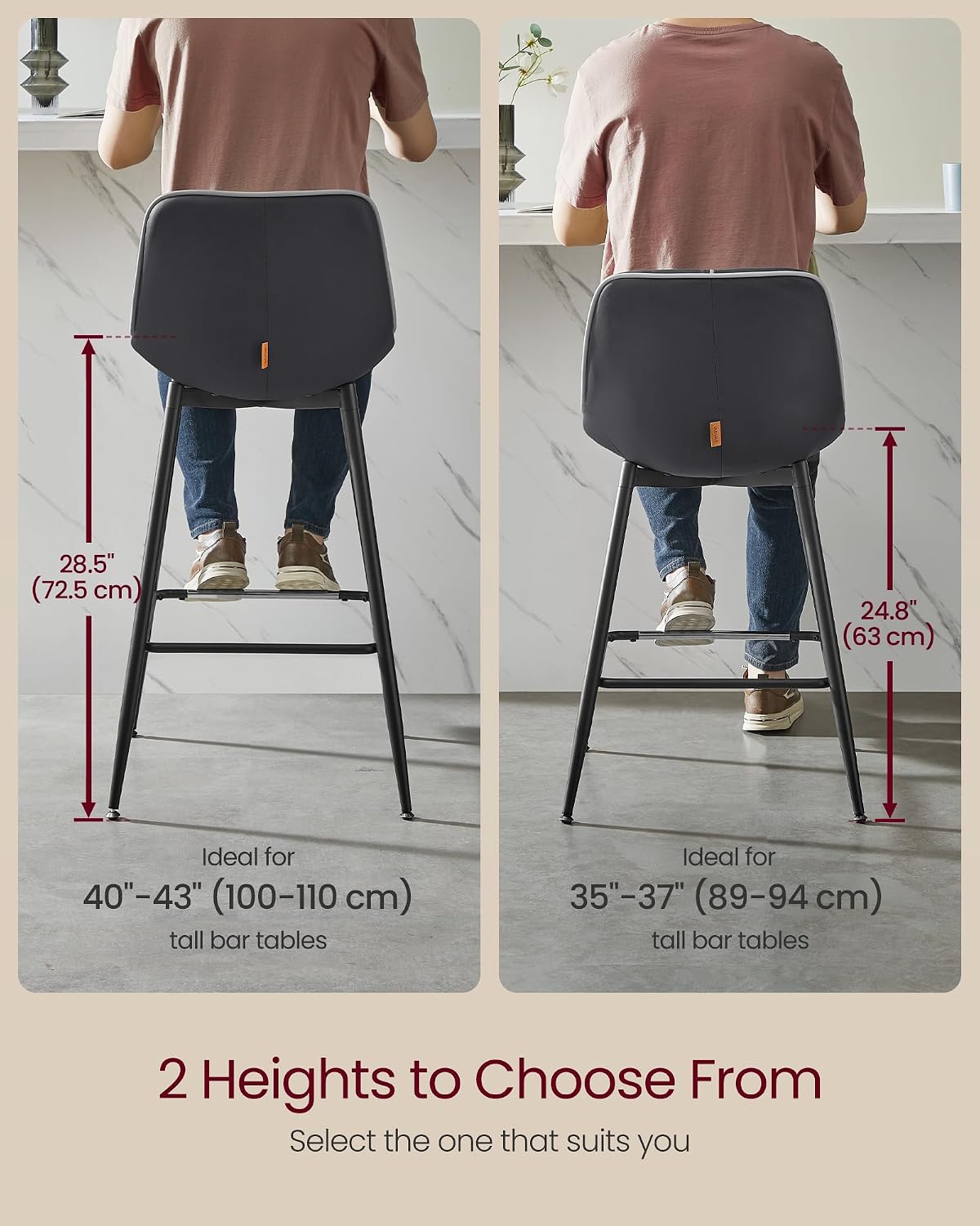 VASAGLE Bar Stools Set of 2, Counter Height Bar Stools with Back, Ergonomic Backrest, Synthetic Leather, Metal Legs, 24.8-Inch Tall Barstools for Kitchen Island Home Bar, Easy Assembly, Ink Black