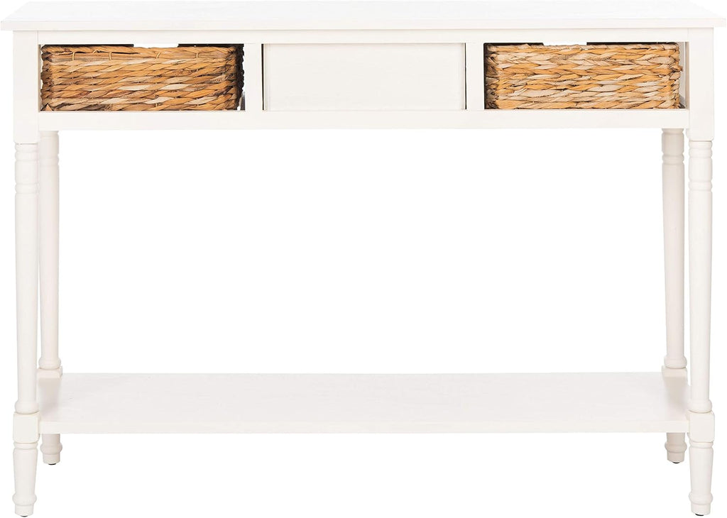 SAFAVIEH Home Collection – Christa Distressed White Console Table with Rattan Drawers & Shelf, Coastal Cottage Storage Console, Vintage Design (AMH5737B)