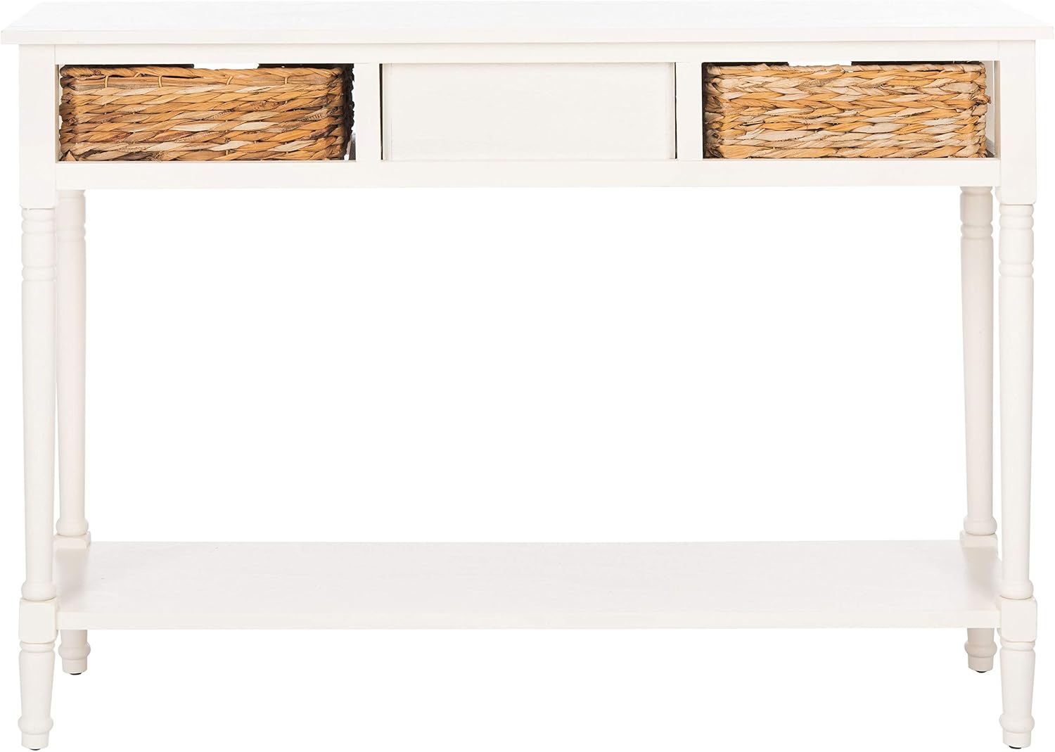 SAFAVIEH Home Collection – Christa Distressed White Console Table with Rattan Drawers & Shelf, Coastal Cottage Storage Console, Vintage Design (AMH5737B)