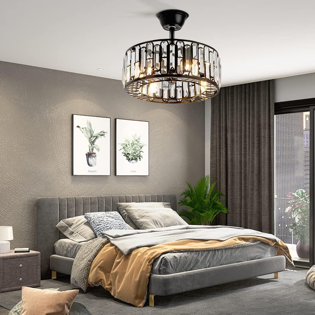 18' Modern Enclosed Bladeless Ceiling Fan with Light and Remote, Industrial Black Caged Fandelier 3 Speeds Timer Crystal Chandelier Fan for Farmhouse Kitchen Island