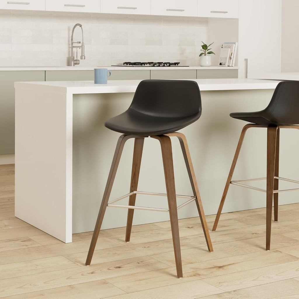 SIMPLIHOME Randolph Counter Stools (Set of 2) - 28 Inch Seat Height Upholstered Bentwood Bar Stools in Black Vegan Faux Leather, Mid Century Modern Seating with Curved Backrest and Chrome Footrest