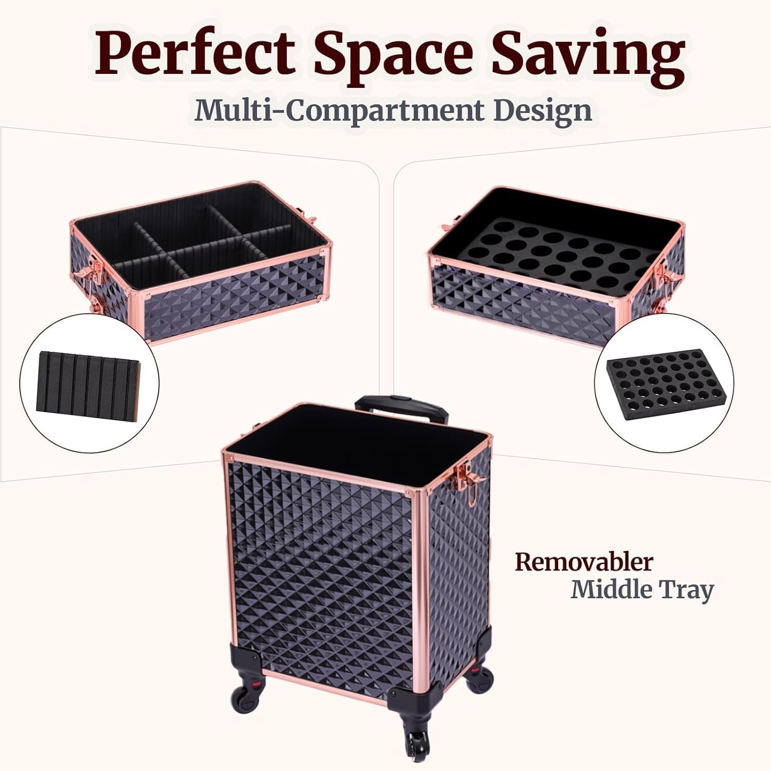 TOPACK Professional 4-In-1 Rolling Makeup Train Case, Large Makeup Travel Case with Key Shoulder Strap/Handle Cushion I Makeup Train Case I Makeup Nail Cart I Cosmetology Case on Wheels(Black Glod)