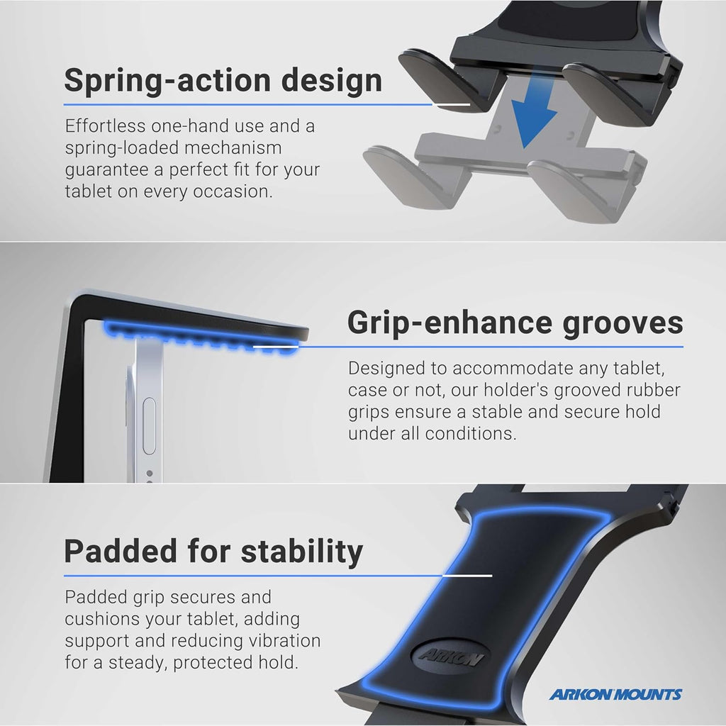 ARKON Mounts Heavy-Duty Tablet Mount with Clamp | Universal Tablet Holder | Strong C-Clamp | Multi-Angle Arm | Compatible with iPad Pro, Mini, Surface Pro, Samsung Tablets, and more