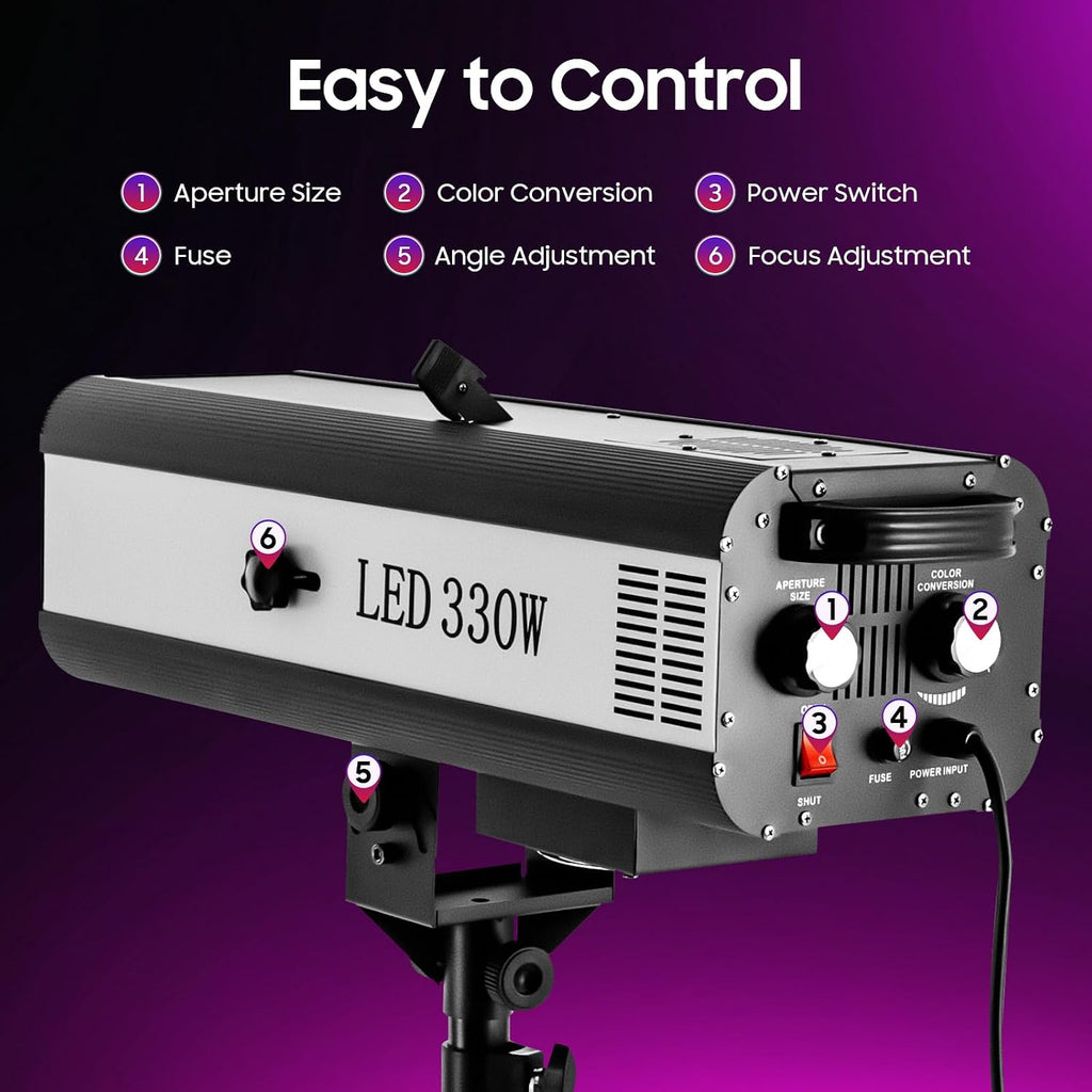 330W LED Stage Spotlight with Tripod, Professional Theater Spotlight with Adjustable Aperture, 6 Colors & 3 Color Temperatures for Concerts, Weddings, DJ Shows