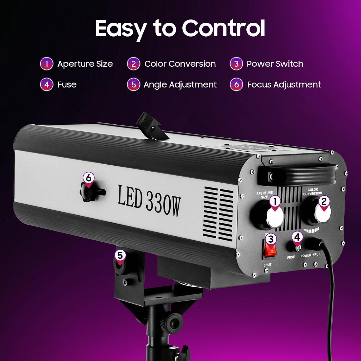 330W LED Stage Spotlight with Tripod, Professional Theater Spotlight with Adjustable Aperture, 6 Colors & 3 Color Temperatures for Concerts, Weddings, DJ Shows