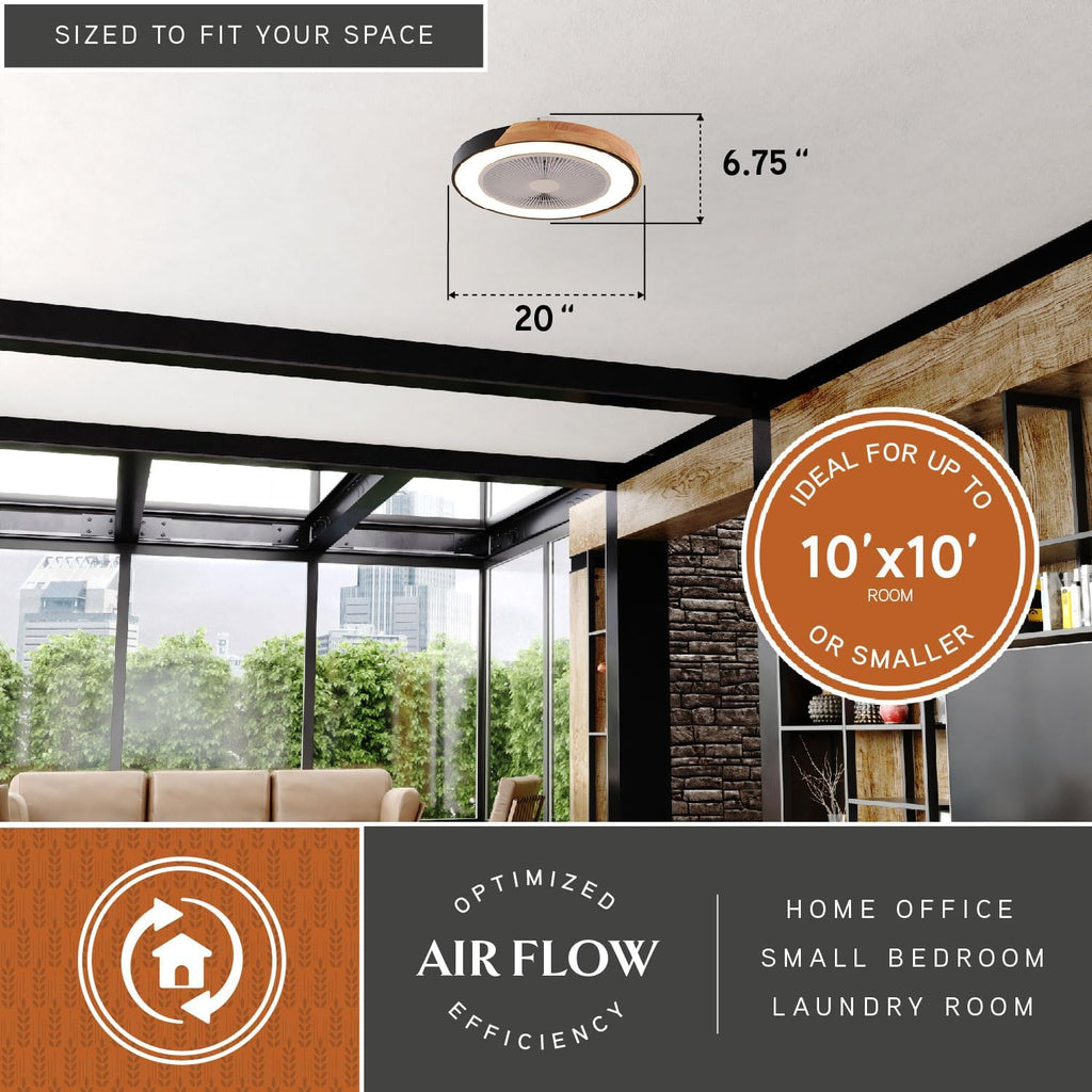 VAXCEL Everette 20 in. Matte Black Indoor Low Profile Flush Mount Contemporary Ceiling Fan with Clear Blades, Dimmable Integrated LED Light Kit and Remote Control, 6 Speed, Energy Efficient DC Motor