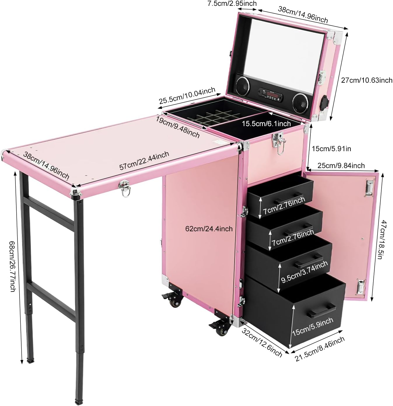 Rolling Manicure Table Train Case with 4 Universal Wheels,Professional Makeup Suitcase With Drawers & Unfold Table,2 Built-In Music Speakers,Travel Cosmetic Storage Train for Makeup Artist,Hairstylist