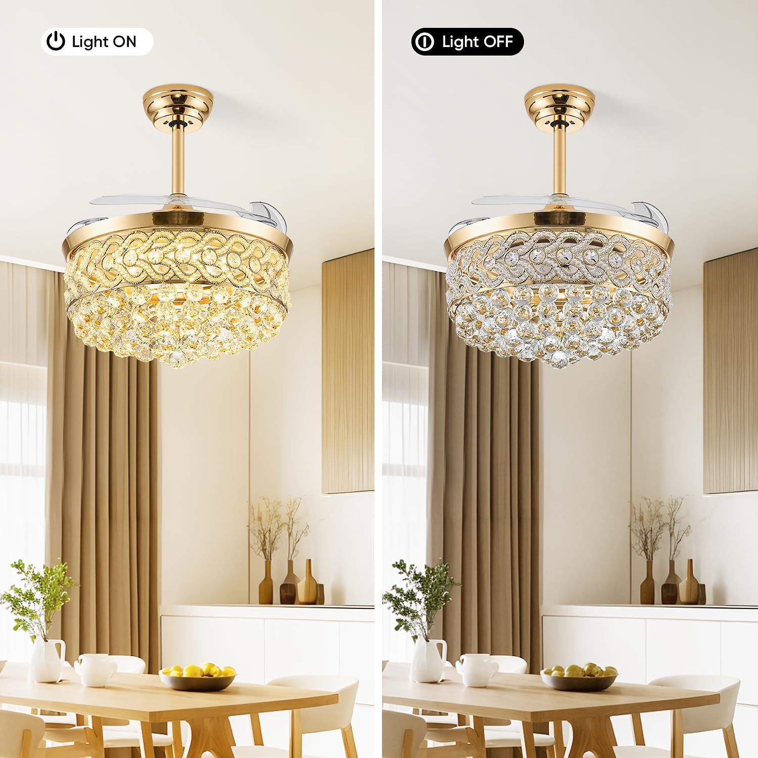 TXCSLY 48' Crystal Fandelier Ceiling Fan with Light, Retractable Ceiling Fans Chandelier Fan with Retractable Blades Dimmable Crystal Ceiling Fan Chandelier Fans for Bedroom Living Room-Gold
