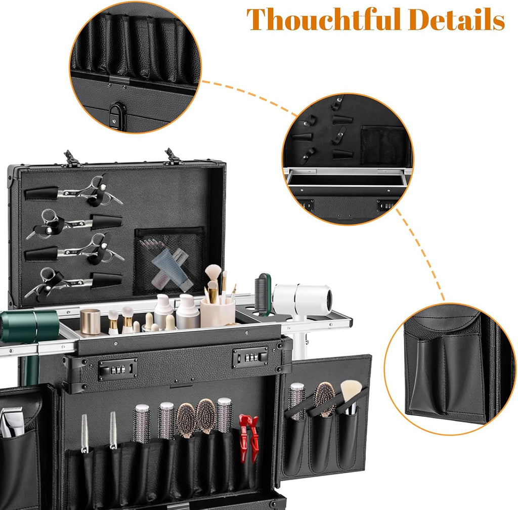 Makeup Rolling Case Professional Makeup Case with 360° Swivel Wheels Cosmetic Rollings Case Rolling Nail Cases for Make Up Nail Hairstylists (Black)