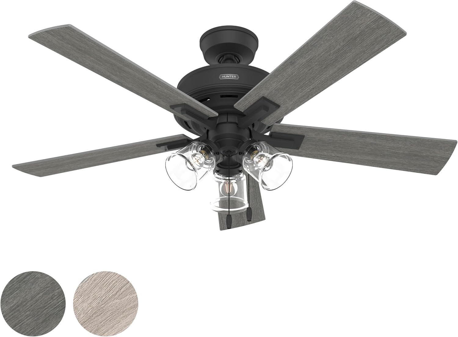 Hunter Fan 52 Inch Matte Black Ceiling Fan with Light and Pull Chain for Bedroom, Dining Room, Kitchen, Office (Renewed)