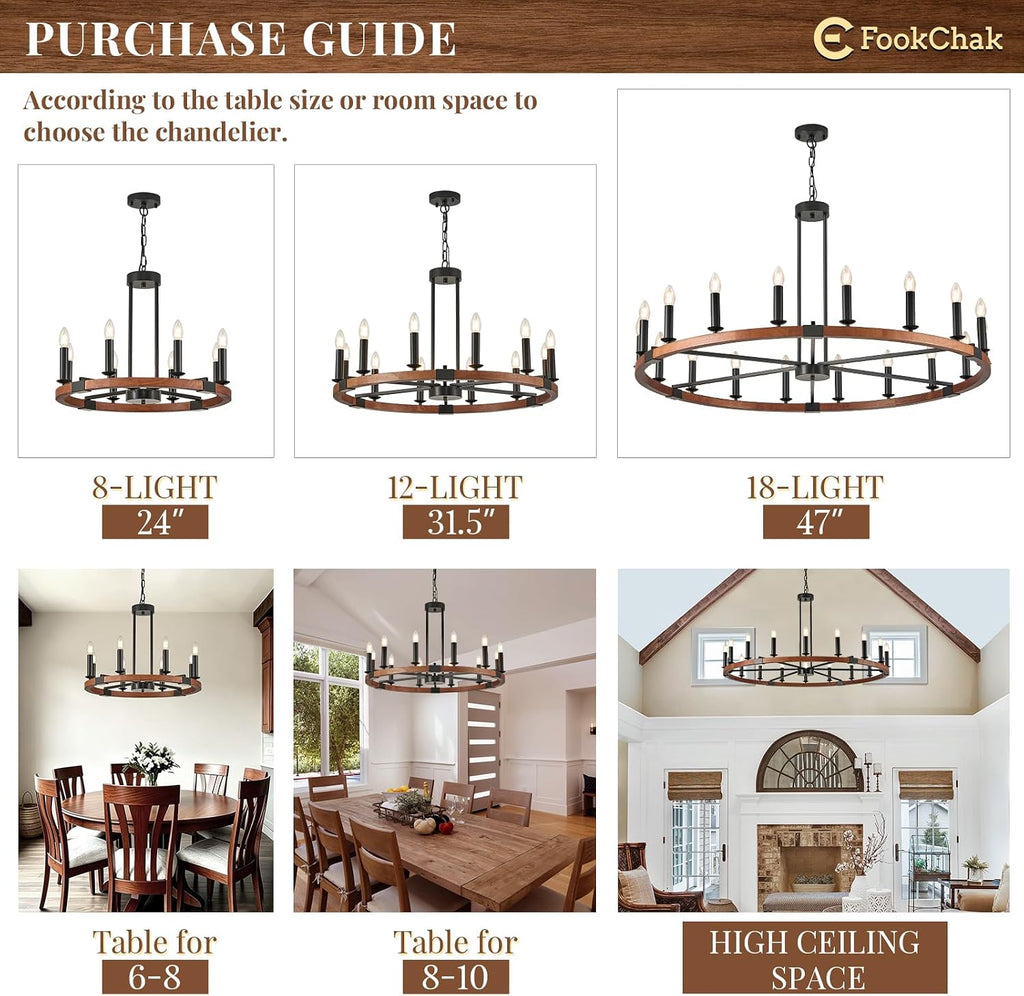Farmhouse Wooden Wagon Wheel Chandelier 8 Light Round Chandelier Light Fixtures 24in Rustic Wood Wheel Chandelier for Kitchen Island Dining Room Entryway Living Room