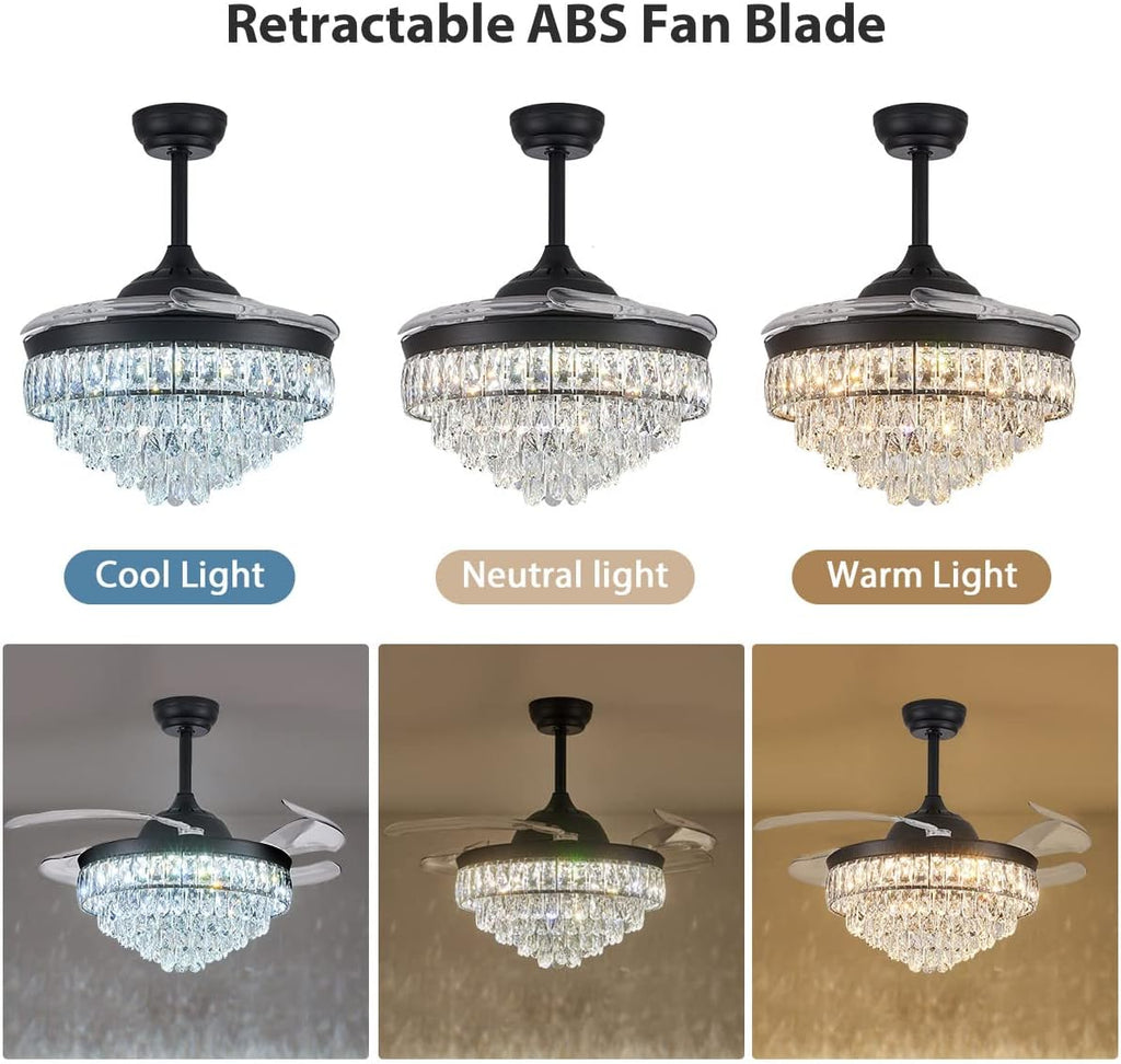 CLAIRDAI 42'' Crystal Fandelier Ceiling Fan with Lights, Stepless Dimmable LED Chandelier Fan, Retractable Blades, Remote & APP Control, 6-Speed Flush Mount for Bedroom Living Room Dining Room