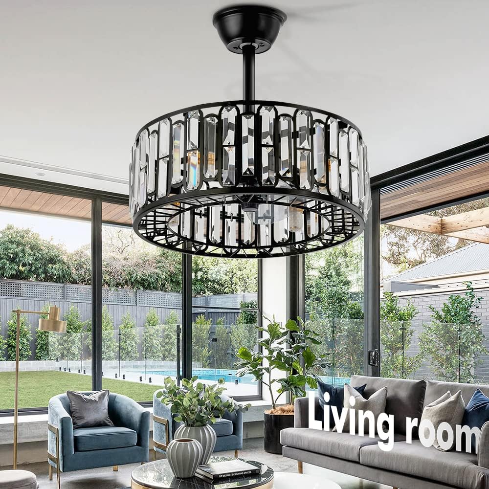 18' Modern Enclosed Bladeless Ceiling Fan with Light and Remote, Industrial Black Caged Fandelier 3 Speeds Timer Crystal Chandelier Fan for Farmhouse Kitchen Island