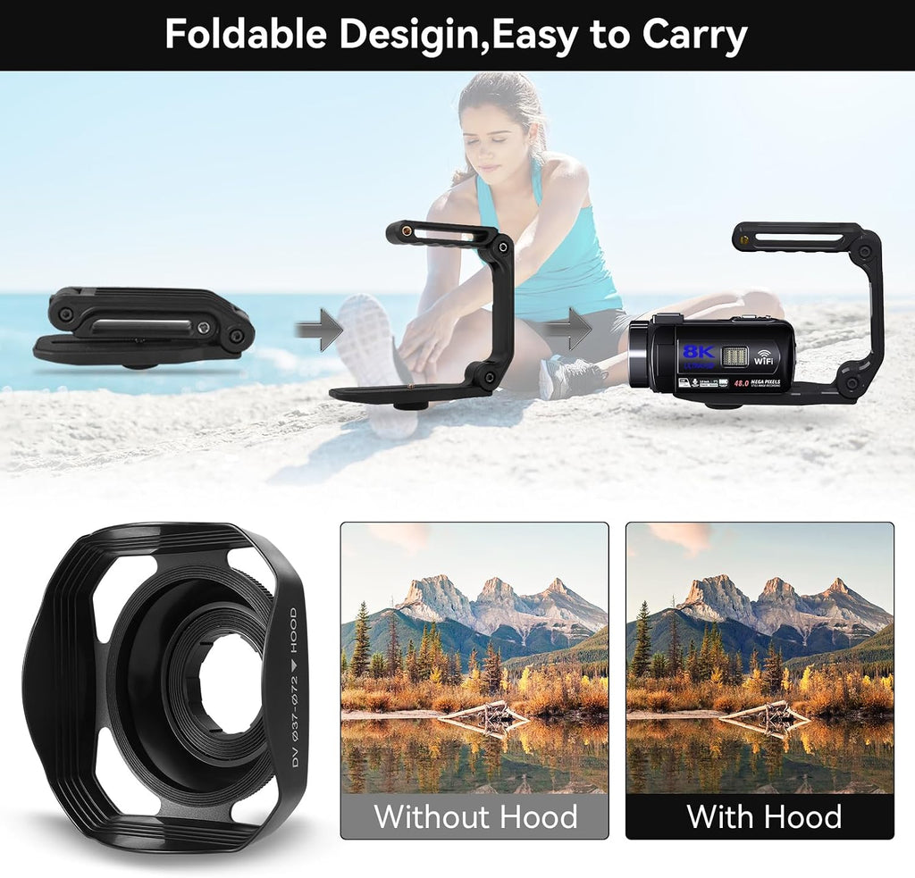 Video Camera, 8K Camcorder 48MP Vlogging Camera for YouTube 18X Digital Zoom 3' Touch Screen with WiFi, External Mic, Fill Light, Remote Control, 32GB SD Card & 2 Batteries