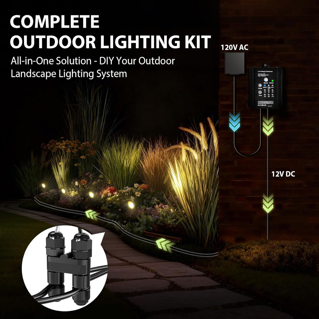 All-in-One Low Voltage Landscape Lighting Kit, 6W 3000K Outdoor LED Landscape Spotlights with 65W Transformer, 100FT 16/2 Wire & Connectors, Perfect for Yard, Garden, Deck, 12V-24V AC/DC, 12Pack