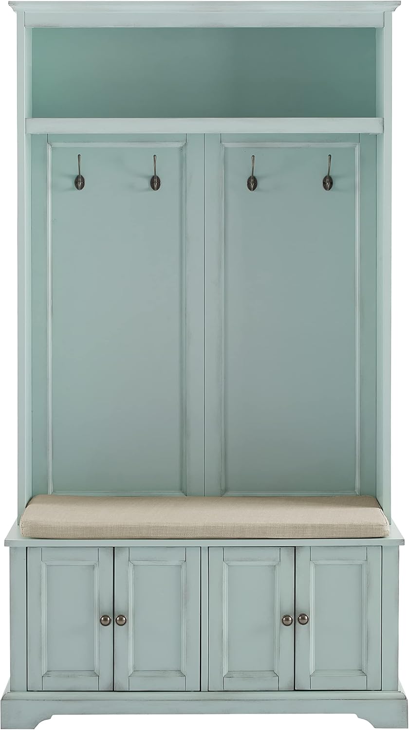Crosley Furniture Holbrook Hall Tree with Shoe Rack Bench and Coat Hooks for Hanging Storage, Distressed Seafoam Blue