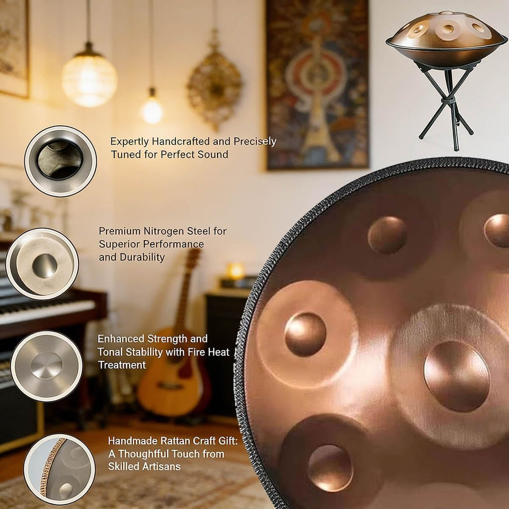 Handpan Instrument 432Hz/440Hz in D Minor Kurd, Steel Handpan 22 Inches, 9/10/12 Notes Handpan Drum with Mallets and Soft Bag, Suitable for Professional Performance(Black,440HZ/10Note)