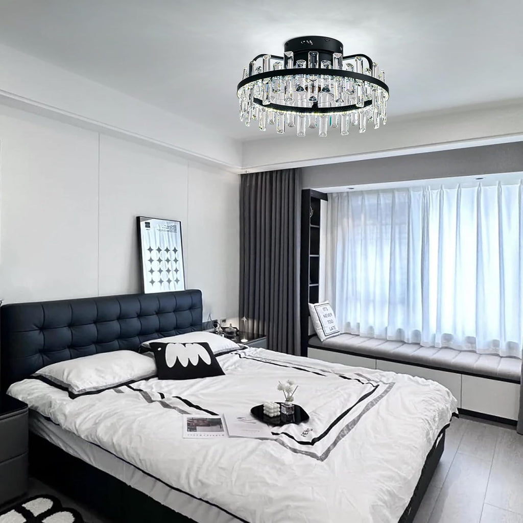 20' Crystal Ceiling Fans with Lights Remote Control Dimmable 6 Speeds Reverible Timer Black Fandelier for Bedroom Dining Room Living Room