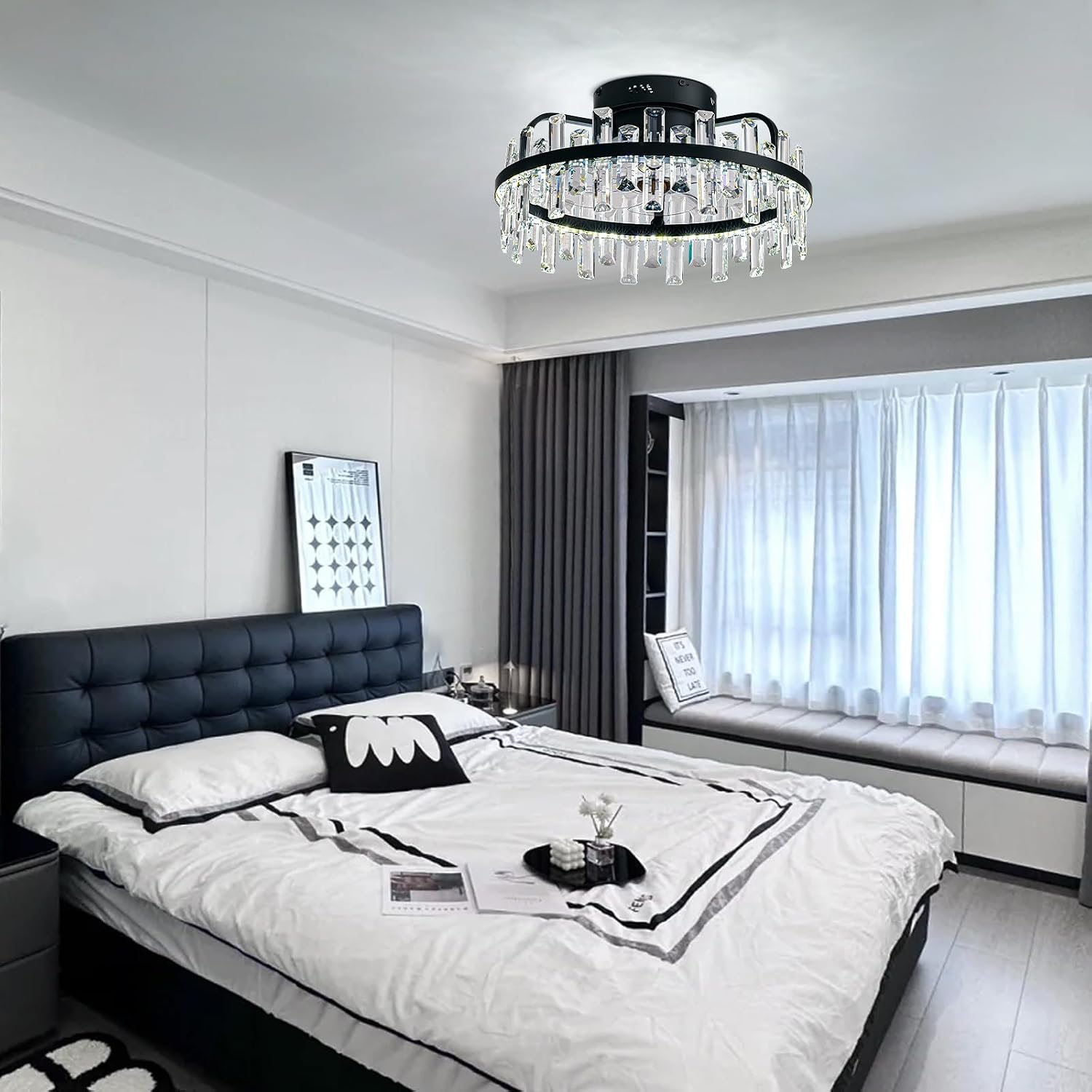 20' Crystal Ceiling Fans with Lights Remote Control Dimmable 6 Speeds Reverible Timer Black Fandelier for Bedroom Dining Room Living Room