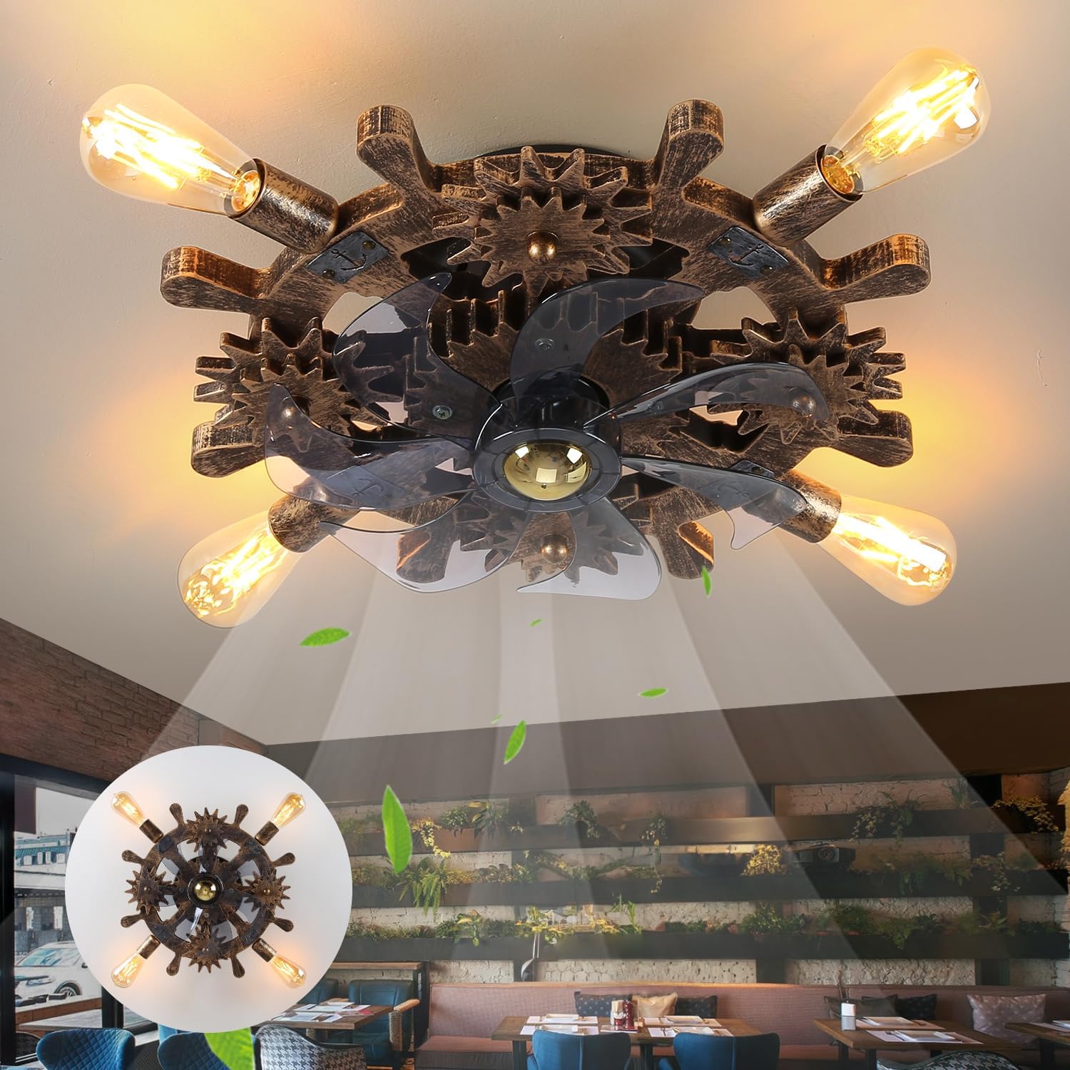 18.9' Vintage Industrial Small Ceiling Fans with Lights and Remote,Wooden Rudder Low Profile Fandelier Ceiling Fan with Light,Flush Mount Bladeless Ceiling Fan for Kitchen,Bedroom,Cafe Bar